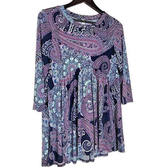 Discount Divas Babydoll Peplum Top Navy Purple Paisley Stretch Tunic XL Fit - Picture 2 of 7